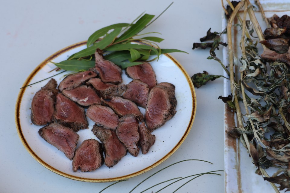 Image of rare kangaroo meat served on a plate with Eukalypt garnish