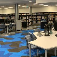 Bookshelves and computer desks inside a library