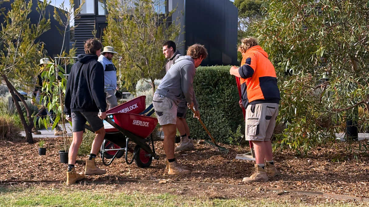 The Gordon’s Landscaping program students in action digging and working, planting trees.