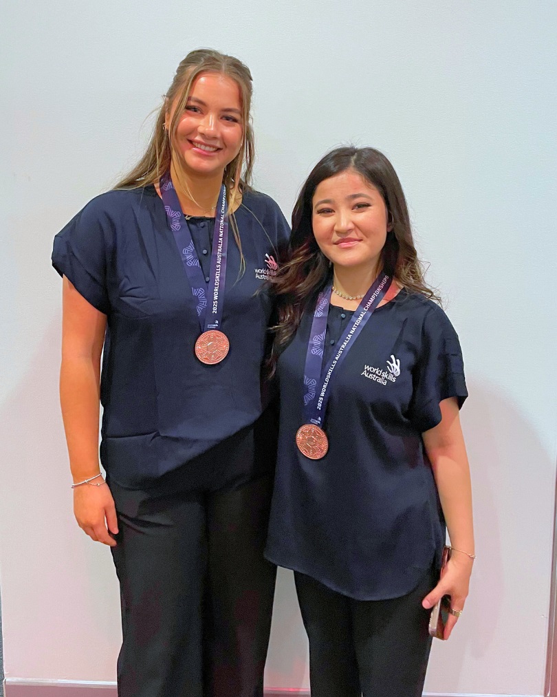 Beauty Therapy student, Sacha Koschman and VETIS Hairdressing student, Neda Naved, with their bronze medals at the National WorldSkills Competition in Brisbane, Queensland.