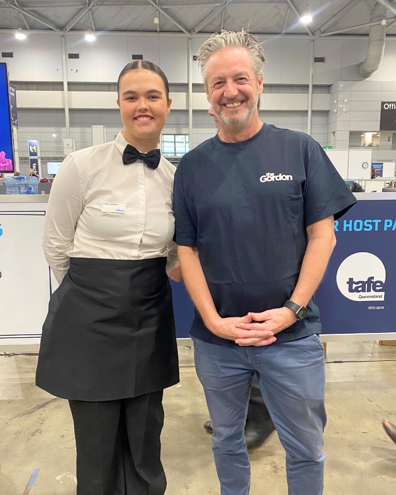 Hospitality student, Shinay Grobler with teacher/mentor, Andy Percy, at the National WorldSkills Competition in Brisbane, Queensland.