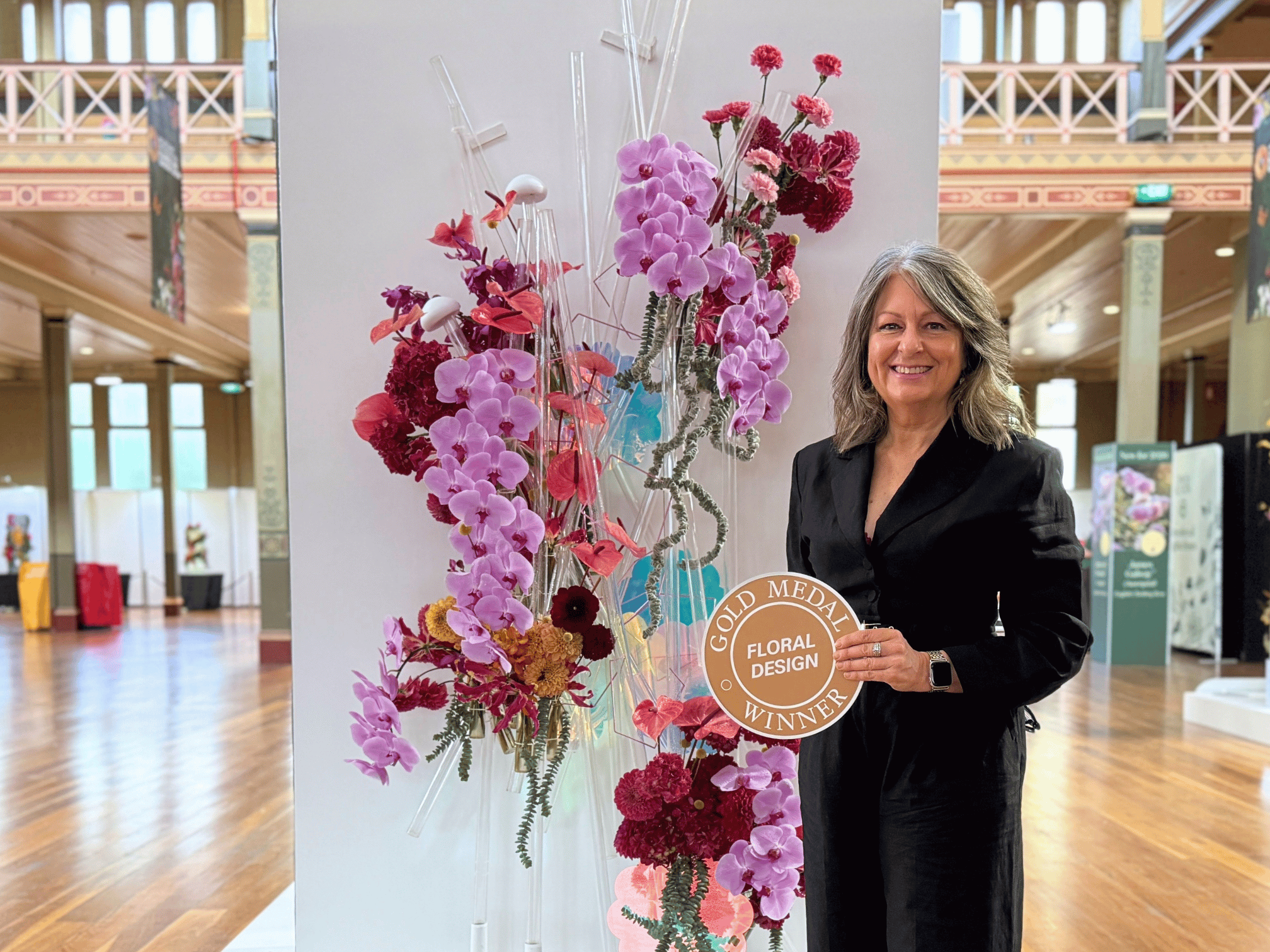 Image of Natalie Raffaele, floristry teacher, awarded gold at Melbourne International Flower and Garden Show .