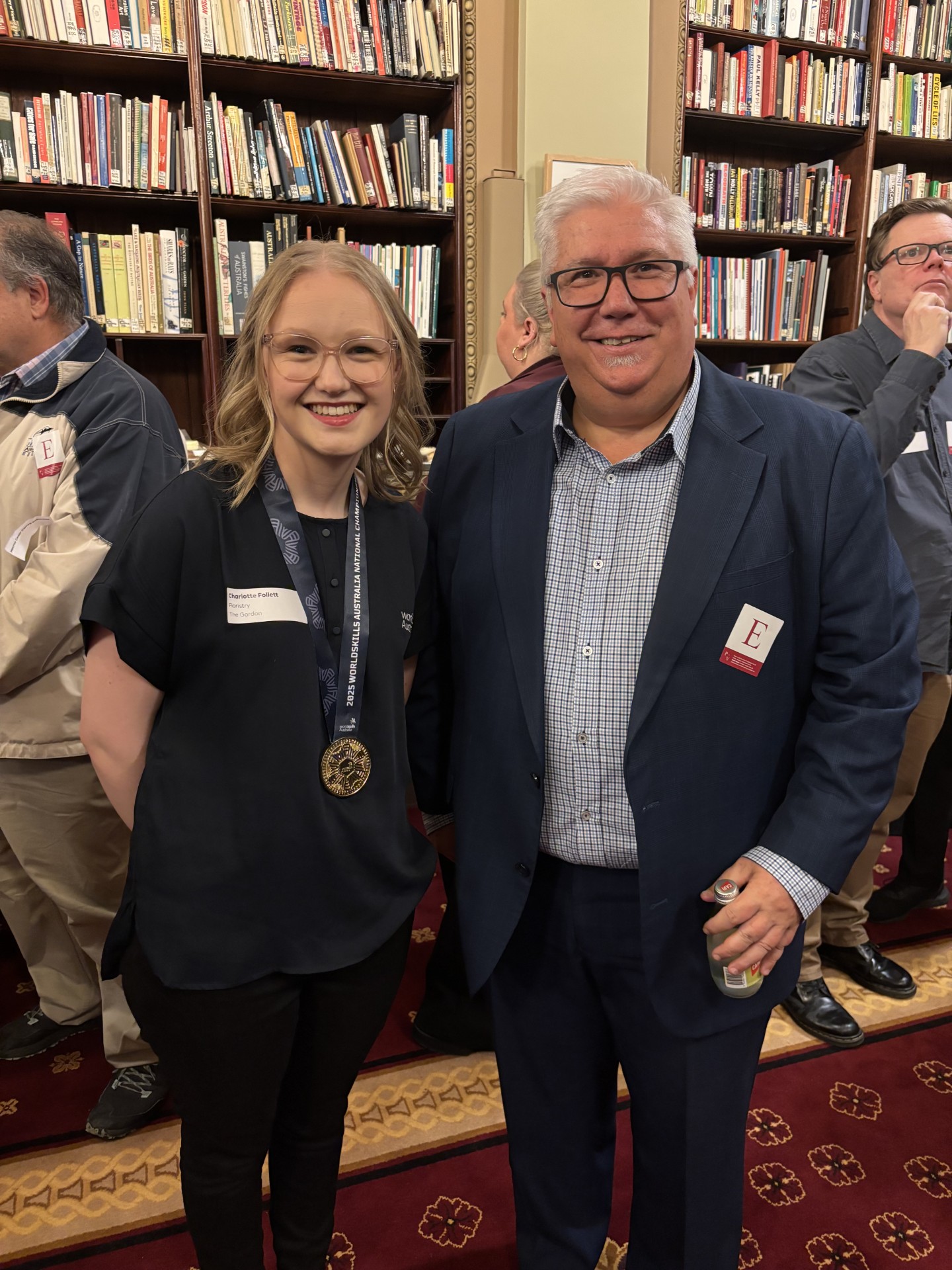 Joe Ormeno, Chief Executive Officer, The Gordon with Victoria’s WorldSkills gold medallists Charlotte Follett 