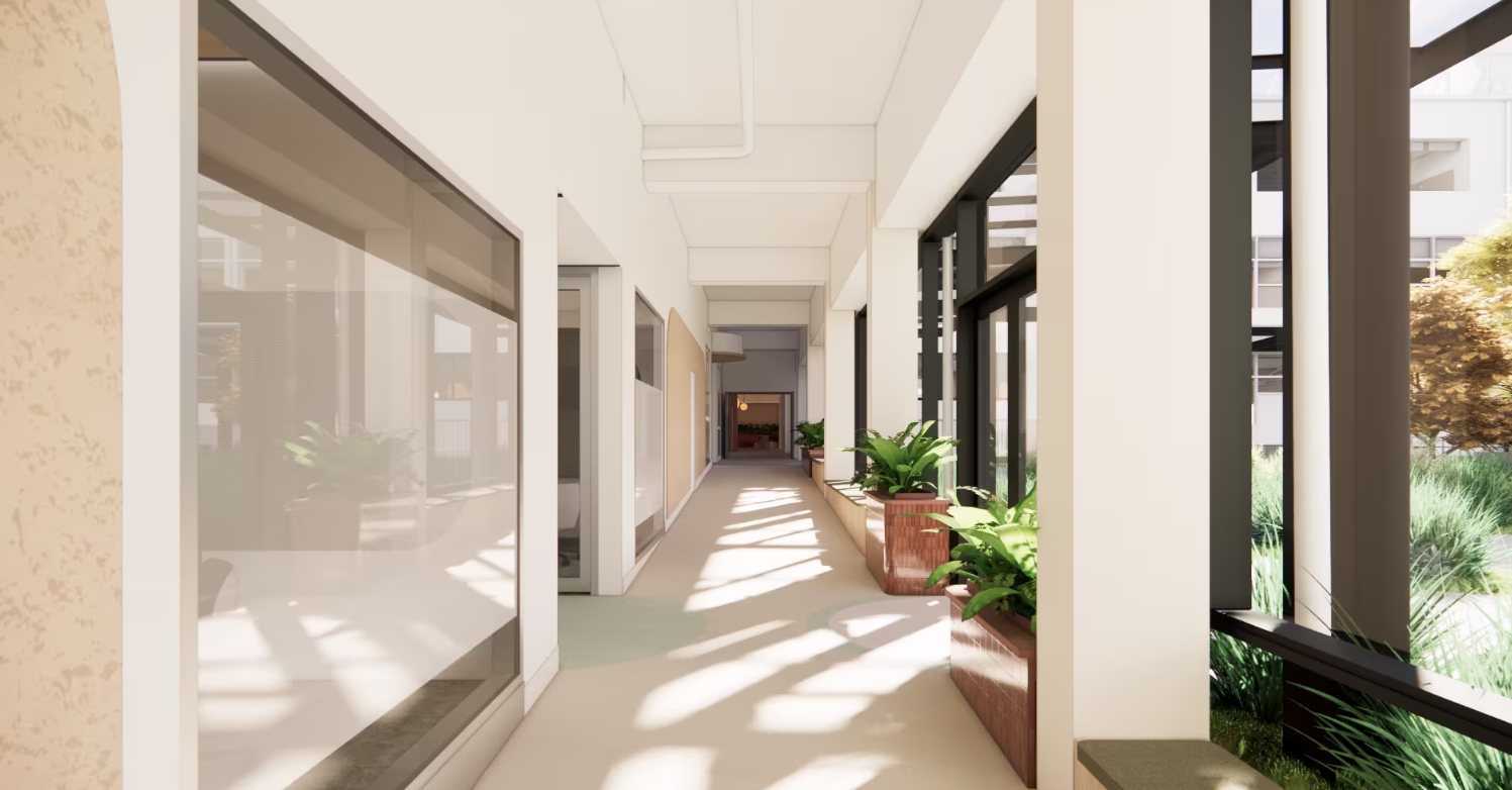 Bright indoor corridor with glass rooms, large windows and indoor plants.