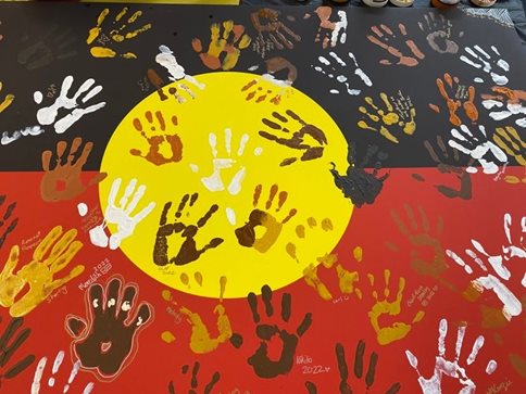 Image of aboriginal art - hands on flag